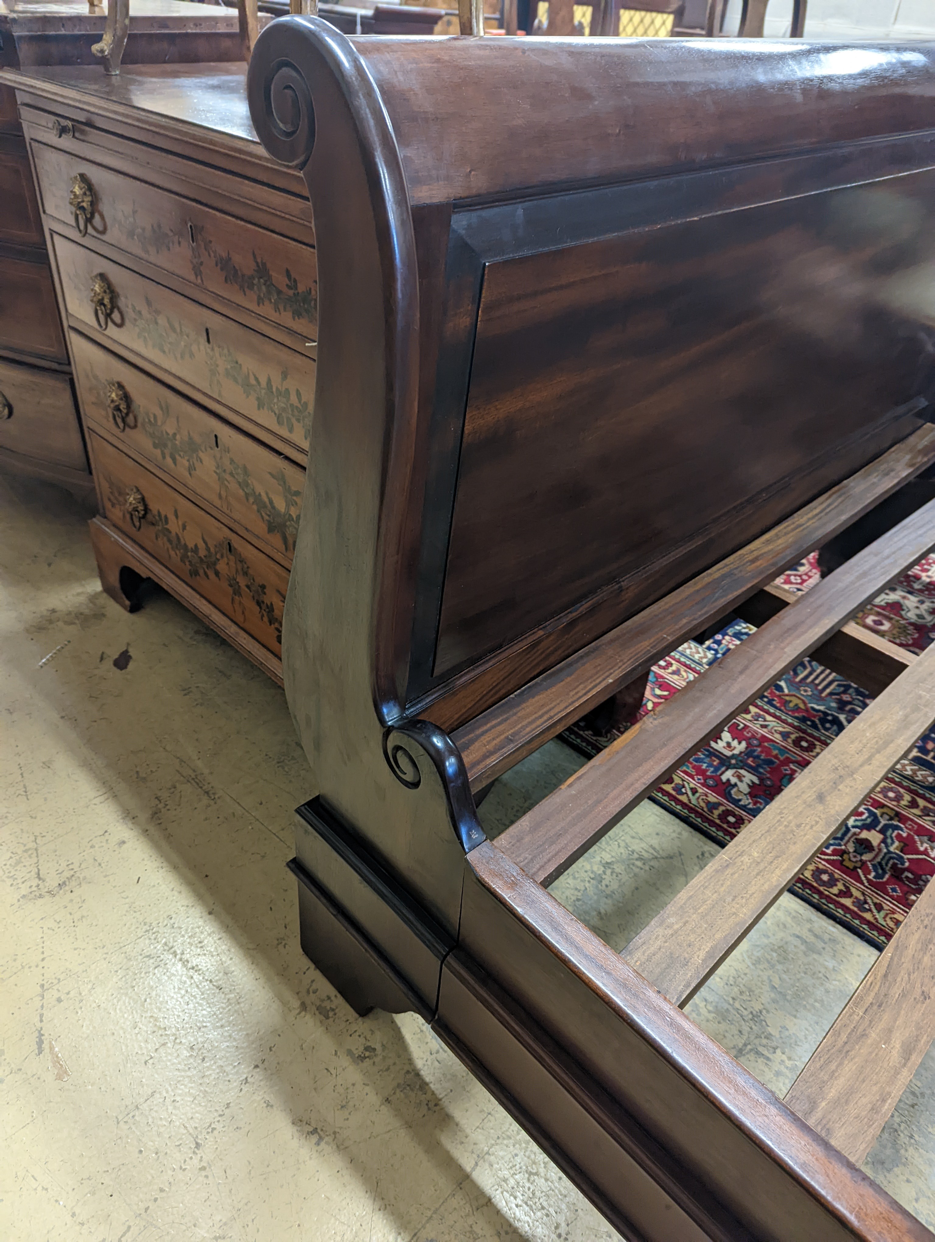 A French style mahogany sleigh bed, length 210cm, width 148cm